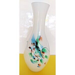 Hand Blown Italian Opaline Abstract art swirls Glass vase 9"